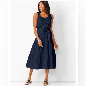 Talbots Blue Tonal Stripe Tiered Maxi Dress Sleeveless Cotton Belted